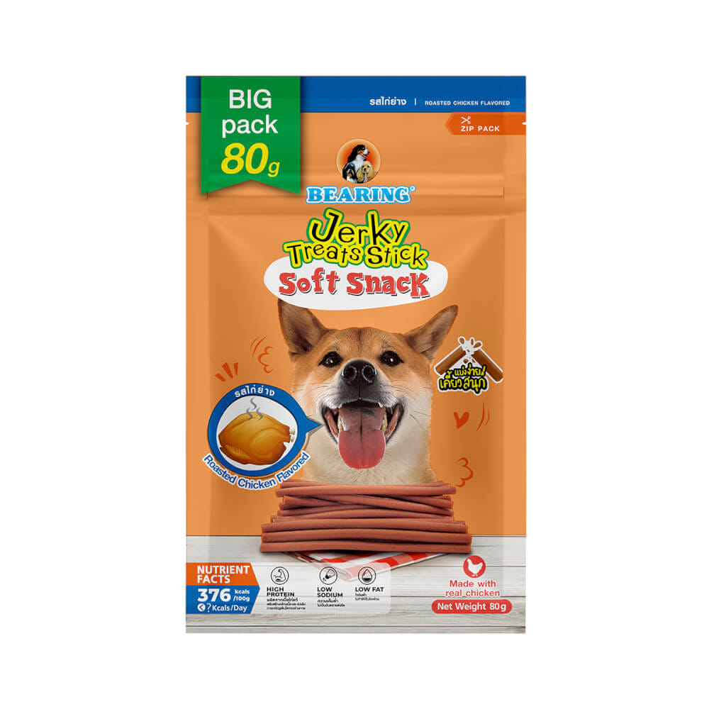 ขนมสุนัข BEARING เนื้อไก่อัดแท่ง สูตร JERKY TREATS SOFT SNACK รสไก่ย่าง ขนาด 80G